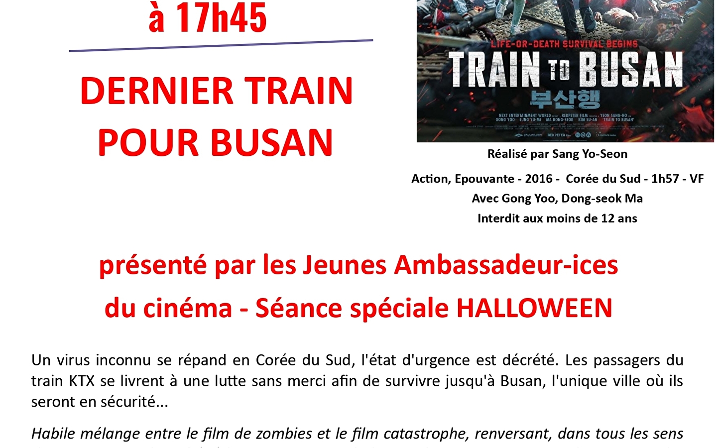 SOIRÉE SPÉCIALE CINÉ MJC - DERNIER TRAIN POUR BUSAN